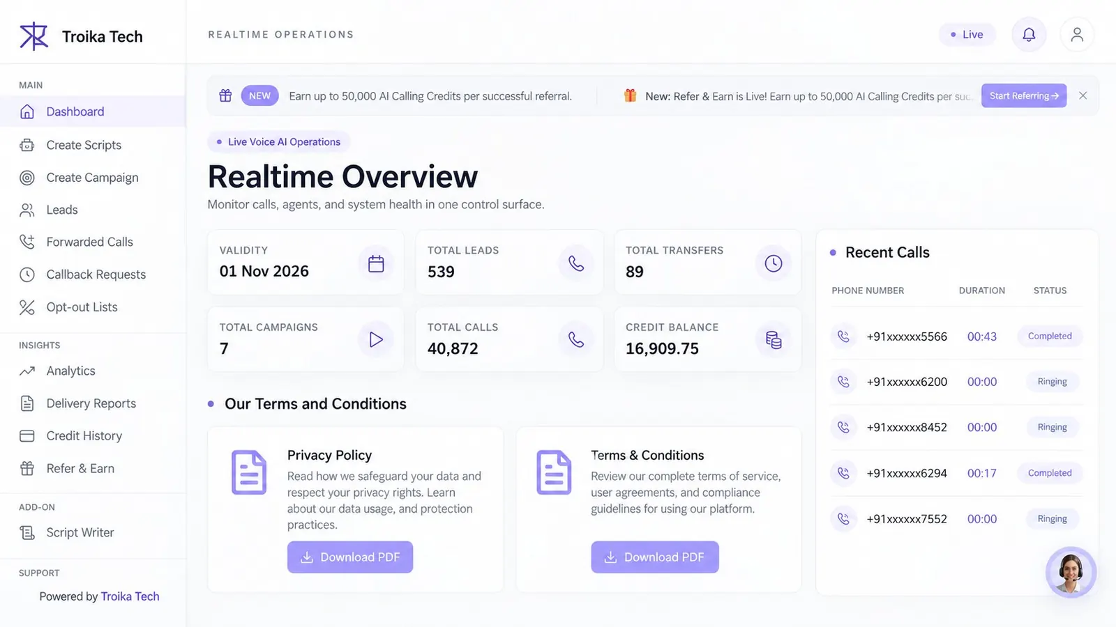 Troika voice agent dashboard showing leads, transfers, calls, credit balance and recent call statuses